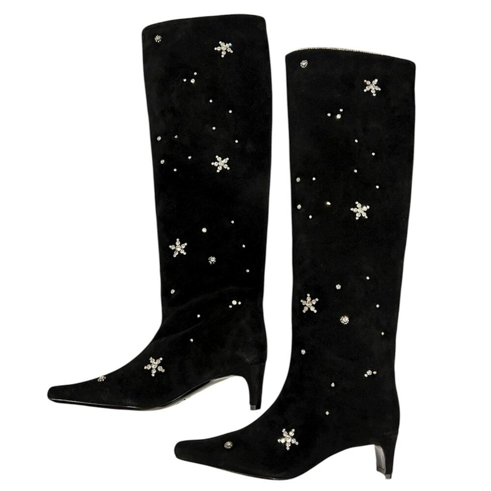 STAUD Wally Black Suede Knee High Boots in Starry Night Embellished - Picture 4 of 10